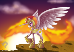 Size: 1024x724 | Tagged: safe, artist:sasheradesigns, nightmare star, princess celestia, pony, g4, armor, corrupted, daymare, daymare sun, female, hilarious in hindsight, nightmarified, solo