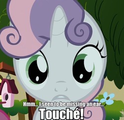 Size: 591x571 | Tagged: safe, edit, edited screencap, screencap, sweetie belle, pony, g4, stare master, animation error, cropped, female, image macro, male, missing ear, solo, the simpsons
