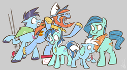 Size: 900x500 | Tagged: safe, artist:egophiliac, angel (g1), barnacle, clipper (g1), salty (g1), seaflower, earth pony, pony, slice of pony life, g1, g4, bandana, beard, colt, family, female, filly, fishing rod, g1 to g4, generation leap, male, mare, raised hoof, stallion