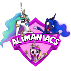 Size: 1024x1024 | Tagged: safe, artist:zoarvek, princess cadance, princess celestia, princess luna, alicorn, pony, g4, alicorn triarchy, animaniacs, female, logo, looking at you, mare, parody, silly, silly princesses, simple background, tongue out, transparent background, trio, warner brothers