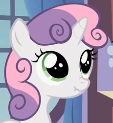 Size: 341x369 | Tagged: safe, screencap, sweetie belle, pony, unicorn, g4, bust, female, filly, looking up, scrunchy face, solo
