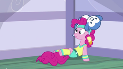 Size: 1110x623 | Tagged: safe, screencap, pinkie pie, earth pony, pony, a friend in deed, g4, headband, leg warmers, scrunchy face, sweatband, workout outfit, wristband