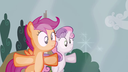 Size: 1280x720 | Tagged: safe, screencap, scootaloo, sweetie belle, g4, ponyville confidential, derp, scrunchy face