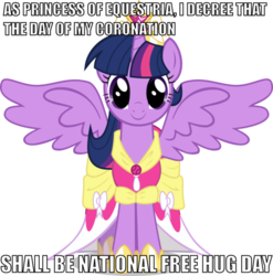 Size: 573x581 | Tagged: safe, twilight sparkle, alicorn, pony, g4, bronybait, c:, cute, female, hug, image macro, mare, royal decree, simple background, smiling, solo, spread wings, text, transparent background, twilight sparkle (alicorn), vector