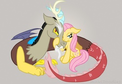 Size: 1280x883 | Tagged: safe, artist:minki, discord, fluttershy, g4, female, male, ship:discoshy, shipping, straight