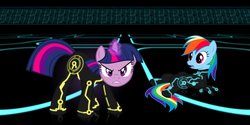 Size: 1264x632 | Tagged: safe, artist:nonamepaper, rainbow dash, twilight sparkle, g4, crossover, tron