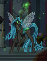 Size: 950x1233 | Tagged: safe, artist:royallycrimson, queen chrysalis, changeling, changeling queen, g4, crown, female, glowing horn, horn, jewelry, magic, open mouth, raised hoof, regalia, solo, spread wings, transparent wings, wings