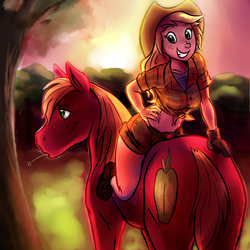 Size: 945x945 | Tagged: safe, artist:explosivegent, artist:megasweet, applejack, big macintosh, horse, human, pony, g4, colored, humanized, humans riding ponies, pun, reverse cowgirl, riding