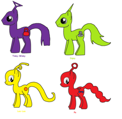 Size: 1572x1540 | Tagged: safe, artist:star dragon, g4, dipsy, female, laa-laa, male, po, ponified, rule 85, teletubbies, tinky winky