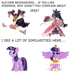 Size: 1000x1000 | Tagged: safe, twilight sparkle, alicorn, human, g4, magical mystery cure, alicorn drama, big crown thingy, clothes, comparison, coronation dress, crown, dress, iris (pokémon), op is a duck, op is trying to start shit, pokémon, pokémon black and white, simple background, text, transparent background, twilight sparkle (alicorn)