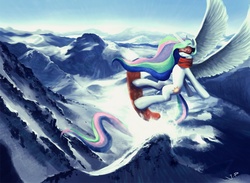 Size: 1050x768 | Tagged: safe, artist:jokerpony, princess celestia, pony, g4, female, snowboard, snowboarding, solo