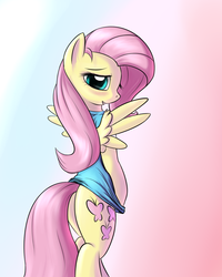 Size: 1200x1500 | Tagged: safe, artist:sokolas, fluttershy, pegasus, pony, semi-anthro, g4, adorasexy, bipedal, blushing, bottomless, butt, clothes, cute, female, flutterbutt, looking at you, plot, sexy, shirt, shirt pull, shyabetes, solo, spread wings, wings