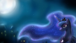 Size: 1900x1080 | Tagged: safe, artist:nyukyosumi213, princess luna, pony, g4, city, cityscape, female, glowing, moon, solo, wallpaper