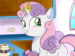 Size: 1024x768 | Tagged: dead source, safe, artist:pon-ea, sweetie belle, pony, g4, clothes, cookie jar, female, socks, solo, striped socks, tiara