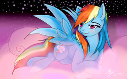 Size: 1280x800 | Tagged: safe, artist:shymemories, rainbow dash, pony, g4, blushing, cloud, female, solo