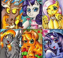 Size: 900x831 | Tagged: safe, artist:onnaevilsmith, angel bunny, applejack, derpy hooves, discord, fluttershy, rarity, twilight sparkle, pegasus, pony, g4, clothes, female, mare, scarf
