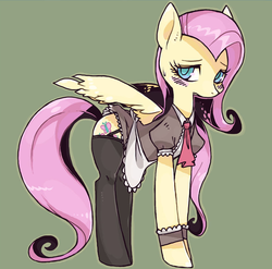 Size: 1012x1001 | Tagged: safe, artist:moyamoya kuroi, fluttershy, pegasus, pony, g4, blushing, clothes, female, fluttermaid, looking at you, maid, mare, pixiv, solo, stockings