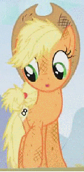 Size: 213x430 | Tagged: safe, screencap, applejack, earth pony, pony, fall weather friends, g4, season 1, animated, cropped, dirty, female, messy mane, solo, talking