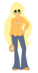 Size: 1056x2000 | Tagged: safe, artist:robynne, applejack, human, g4, blonde, clothes, female, hatless, humanized, long hair, missing accessory, simple background, solo, transparent background