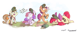 Size: 2500x1031 | Tagged: safe, artist:boreddrawfag, artist:rustydooks, apple bloom, scootaloo, sweetie belle, tag-a-long, earth pony, pegasus, pony, unicorn, g4, apple blob, bipedal, blank flank, bloated, caught, clothes, colored, cookie, cutie mark crusaders, eyes closed, fat, female, filly, filly guides, floppy ears, freckles, group, hilarious in hindsight, prone, quartet, raised eyebrow, scout, scout uniform, sitting, smiling, stuffed, thin mint, underhoof, weight gain, wide eyes, you had one job