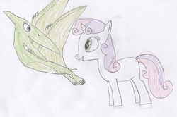 Size: 3137x2077 | Tagged: safe, artist:wesdaaman, sweetie belle, pony, pteranodon, unicorn, g4, claire corlett, crossover, dinosaur train, tiny pteranodon, traditional art