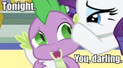 Size: 763x425 | Tagged: safe, edit, edited screencap, screencap, rarity, spike, dragon, pony, unicorn, g4, the crystal empire, age difference, aqua teen hunger force, bedroom eyes, caption, darling, duo, duo male and female, female, horn, image macro, male, ship:sparity, shipping, straight, tonight you