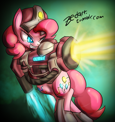 Size: 1000x1058 | Tagged: safe, artist:zedrin, pinkie pie, g4, gun, jetpack, solo, weapon