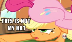 Size: 605x348 | Tagged: safe, edit, edited screencap, screencap, applejack, pinkie pie, earth pony, pony, g4, the crystalling, asshat, butt, caption, female, hub logo, mare, plot, reaction image, sitting on head