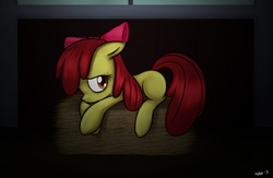 Size: 2000x1300 | Tagged: safe, artist:mcsadat, apple bloom, earth pony, pony, g4, female, hay bale, prone, solo