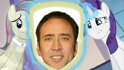 Size: 1067x600 | Tagged: safe, bonna fide, glamour gleam, rarity, g4, cadance's mirror, exploitable meme, faceoff, meme, nicolas cage