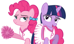 Size: 1500x900 | Tagged: safe, artist:smile, pinkie pie, twilight sparkle, earth pony, pony, unicorn, g4, bedroom eyes, cheerleader, cheerleader pinkie, cheerleader sparkle, duo, duo female, female, mare, simple background, transparent background, unicorn twilight