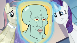 Size: 1422x800 | Tagged: safe, bonna fide, glamour gleam, rarity, crystal pony, pony, g4, cadance's mirror, exploitable meme, handsome, handsome squidward, male, meme, mirror, spongebob squarepants, squidward tentacles, the two faces of squidward