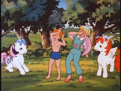 Size: 640x480 | Tagged: safe, screencap, danny williams, gingerbread, megan williams, paradise, g1, my little pony 'n friends, clothes, topless, towel, water, wet