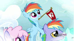 Size: 680x383 | Tagged: safe, screencap, rainbow blaze, rainbow dash, rainbowshine, spring melody, sprinkle medley, pegasus, pony, g4, games ponies play, animated, father and daughter, filly, filly rainbow dash, hub logo, male, offscreen character, stallion