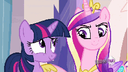 Size: 680x383 | Tagged: safe, screencap, princess cadance, twilight sparkle, alicorn, pony, unicorn, g4, games ponies play, :o, animated, breathing, cute, duo, eye contact, female, frown, hub logo, looking at each other, mare, open mouth, raised eyebrow, salute, sisters-in-law, smiling, smirk, underhoof, unicorn twilight, wide eyes