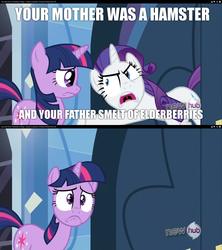 Size: 1280x1440 | Tagged: safe, edit, edited screencap, screencap, rarity, twilight sparkle, games ponies play, hub logo, insulting rarity, meme, monty python, monty python and the holy grail