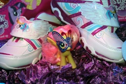 Size: 900x600 | Tagged: safe, artist:idlehandsblog, fluttershy, princess celestia, g4, brushable, female, irl, mask, photo, shoes, sneakers, toy