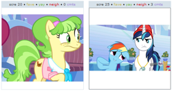 Size: 526x279 | Tagged: safe, chickadee, ms. peachbottom, rainbow dash, shining armor, earth pony, pegasus, pony, unicorn, g4, games ponies play, my little pony: friendship is magic, exploitable meme, female, horn, juxtaposition, juxtaposition win, male, mare, stallion