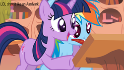 Size: 1280x720 | Tagged: safe, artist:somepony, rainbow dash, twilight sparkle, g4, feather, female, golden oaks library, image macro, lesbian, ship:twidash, shipping