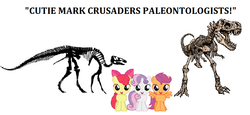 Size: 831x382 | Tagged: safe, apple bloom, scootaloo, sweetie belle, earth pony, pegasus, pony, unicorn, g4, cutie mark crusaders, dinosaurs, female, filly, foal, fossil, looking at you, paleontology, simple background, smiling, spread wings, this will end in tears, trio, vector, white background, wings