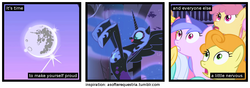 Size: 1200x420 | Tagged: safe, edit, edited screencap, screencap, carrot top, golden harvest, nightmare moon, sea swirl, seafoam, friendship is magic, g4, a softer world, mare in the moon, moon, screencap comic