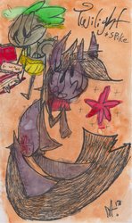 Size: 687x1163 | Tagged: safe, artist:drew a, artist:theflyingtacoz, spike, twilight sparkle, g4, book, clothes, paint, scarf, watercolor painting