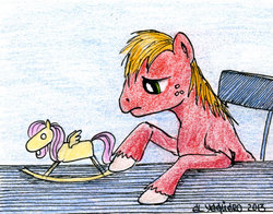 Size: 500x391 | Tagged: safe, artist:el-yeguero, big macintosh, fluttershy, earth pony, pony, g4, craft, male, rocking horse, sad, ship:fluttermac, shipping, stallion, straight, toy