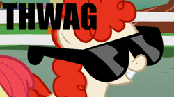 Size: 500x280 | Tagged: safe, artist:mylittlepony4u, twist, earth pony, pony, g4, day, female, filly, foal, solo, sunglasses, swag