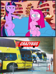 Size: 412x541 | Tagged: safe, artist:terry, pinkie pie, twilight sparkle, earth pony, pony, unicorn, g4, at gunpoint, crazy bus, exploitable meme, female, gun, gun meme, mare, threatening, weapon