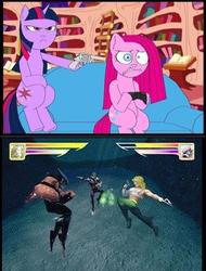 Size: 412x541 | Tagged: safe, artist:terry, pinkie pie, twilight sparkle, earth pony, pony, unicorn, g4, aquaman battle for atlantis, at gunpoint, exploitable meme, female, gun, gun meme, mare, threatening, weapon