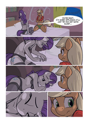 Size: 613x850 | Tagged: safe, artist:ajin, applejack, rarity, earth pony, unicorn, anthro, unguligrade anthro, comic:lust before you sleep, applesack, belly button, black underwear, bra, breasts, busty applejack, busty rarity, charity, cleavage, clothes, comic, crossed arms, eyes closed, female, hoofbeat, lesbian, lying down, midriff, panties, rarijack, shipping, underwear