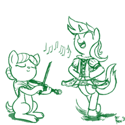 Size: 800x800 | Tagged: safe, artist:aa, lyra heartstrings, oc, deer, original species, pony, unicorn, g4, celtic, comic, cover, dancing, doe, duo, fiddle, irish, issue 4 cover, lyrish, monochrome, music notes, simple background, white background