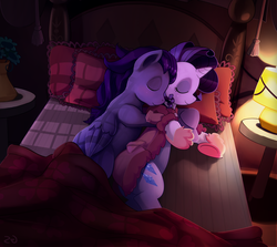 Size: 2333x2083 | Tagged: safe, artist:gsphere, rarity, oc, g4, bathrobe, bed, canon x oc, clothes, cuddling, shipping, sleeping, slippers, spooning