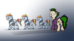 Size: 2000x1125 | Tagged: safe, artist:fimflamfilosophy, rainbow dash, robot, rainbow dash presents, g4, clothes, grin, ponified, raised hoof, smirk, the jokermort